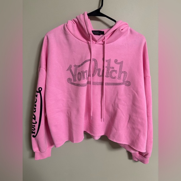 Von Dutch Tops - Von Dutch Rhinestone Embellished Cropped Hoodie Size Medium New Street Wear Pink